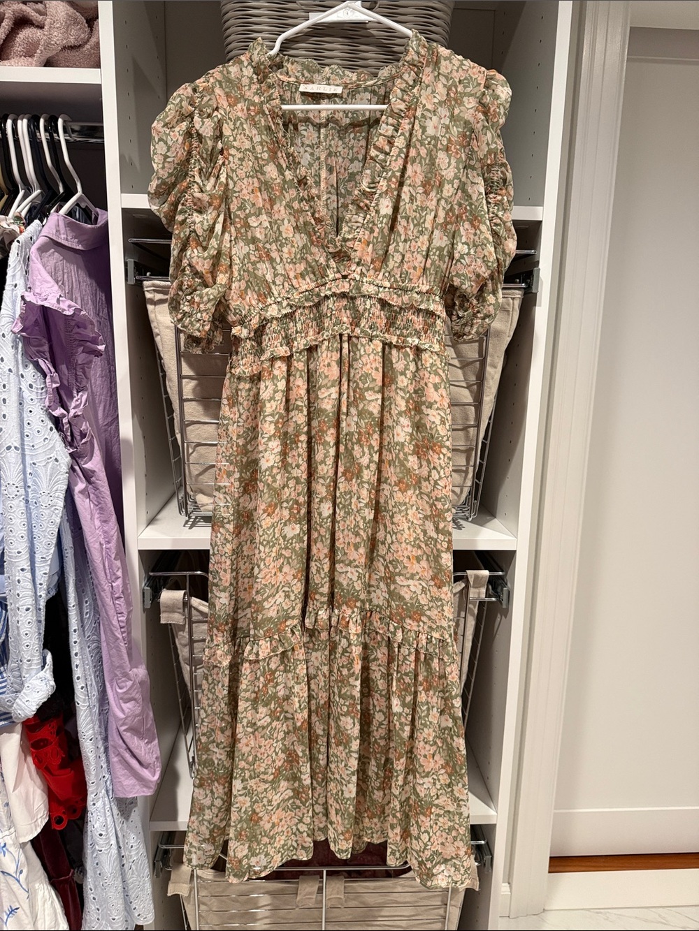 Karlie Floral Ruffle Midi Dress — Green & Pink